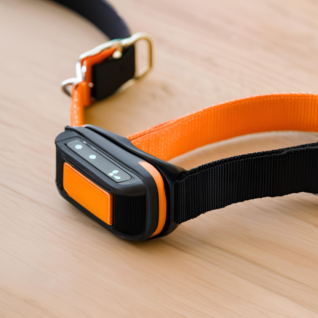 Imagen de un collar gps para mascotas de color negro y naranja