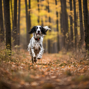 Perro corriendo por el bosque con un gps perros