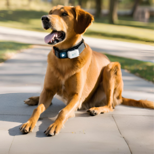 Vista de un perro en la calle con un collar gps para mascotas sin cuotas