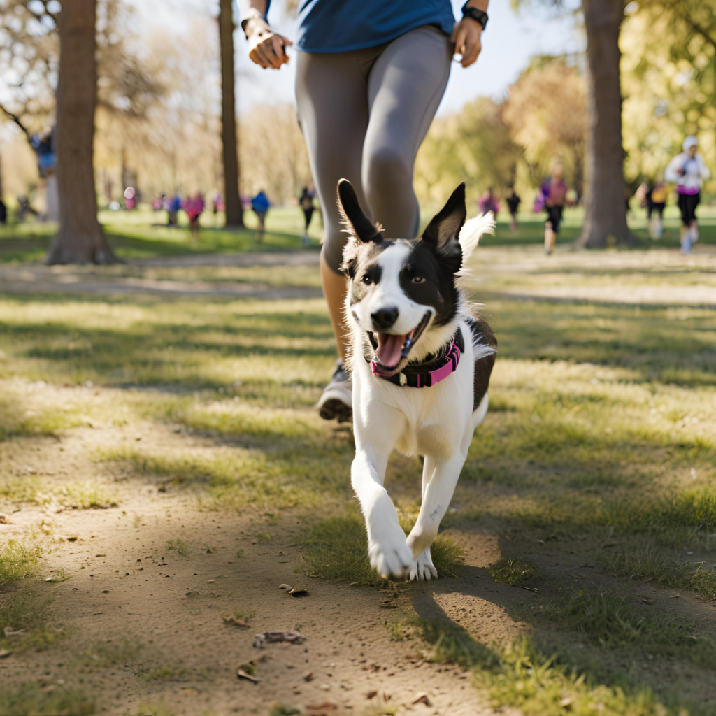 Perro paseando por un parque con arboles acompañado por su dueña