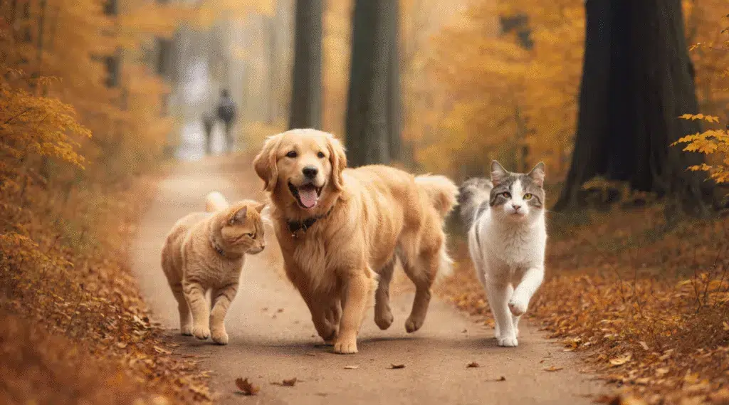 Mascotas corriendo por un parque con localizadores gps