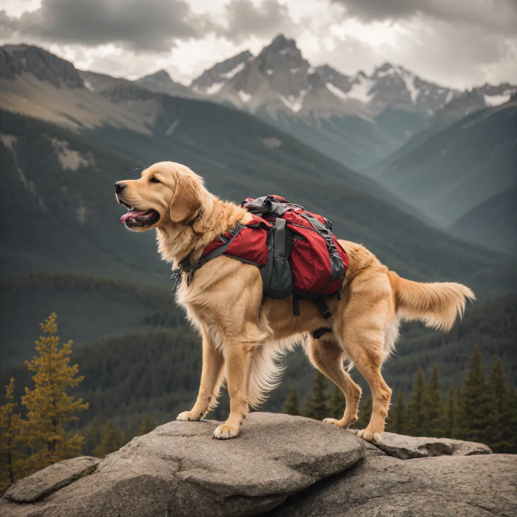 Perro en las montañas con una mochila y un Gps para perros